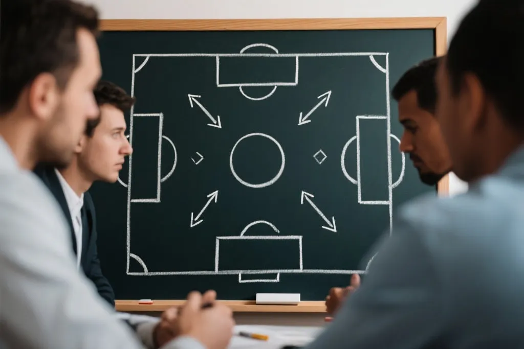 战术板上的阵型与线路示意,教练在替补席做笔记