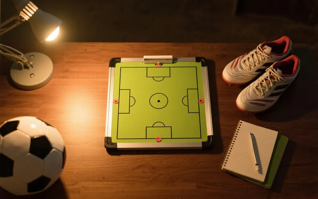 战术板与足球鞋，旁边有训练笔记本，体现复盘与计划