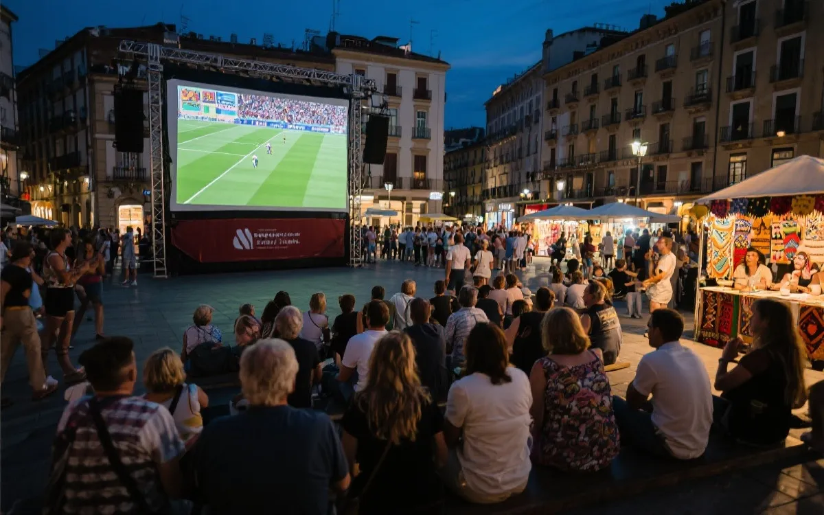 游客在城市公共广场观看大屏赛事并与本地文化活动互动，象征旅游与体育产业融合